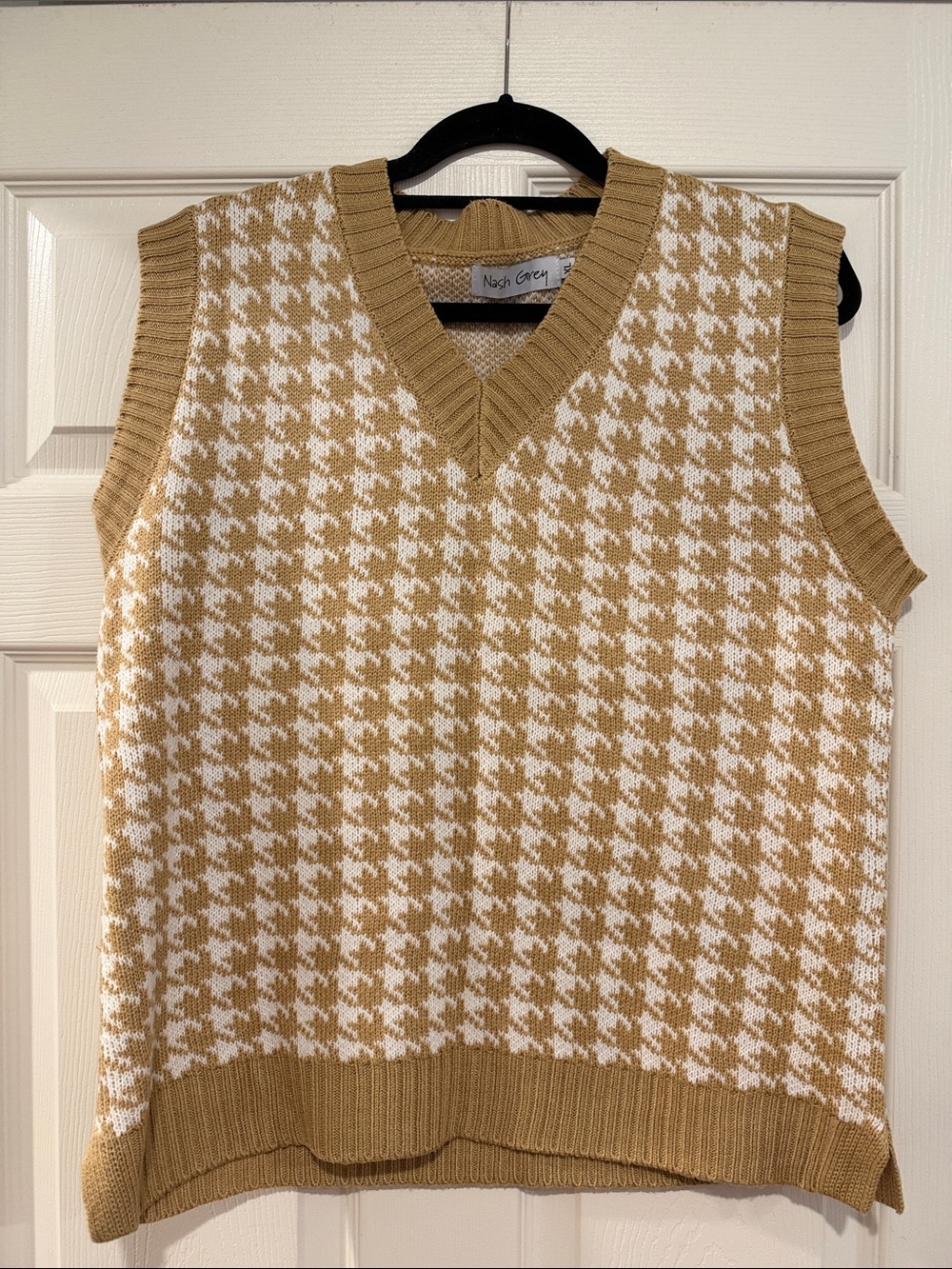 Ash Camel and White Houndstooth V-Neck Sweater Vest